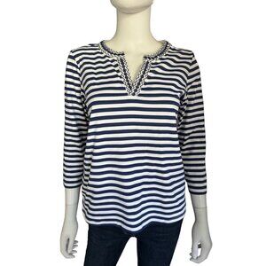 J.McLaughlin Navy & White Striped Tunic Top With Embroidered Trim - Size S